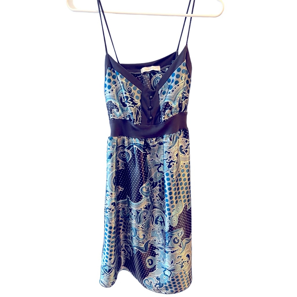 Silky Light Gray/Dark Gray/Teal/White Paisley Print Mini Dress by C. Russe Large